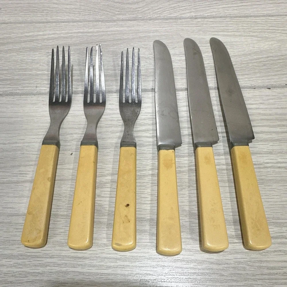 STA-BRITE Stainless Cutlery 3 Forks 3 Knives Bakelite Handle Vintage 1930-50s